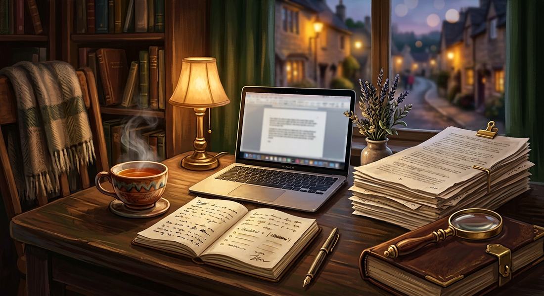 A warm writing desk with a laptop, teacup, notebook and magnifying glass