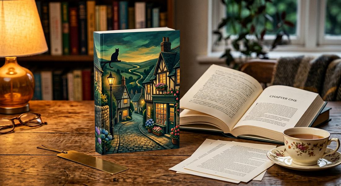 A finished cozy mystery paperback with its printed interior open beside it